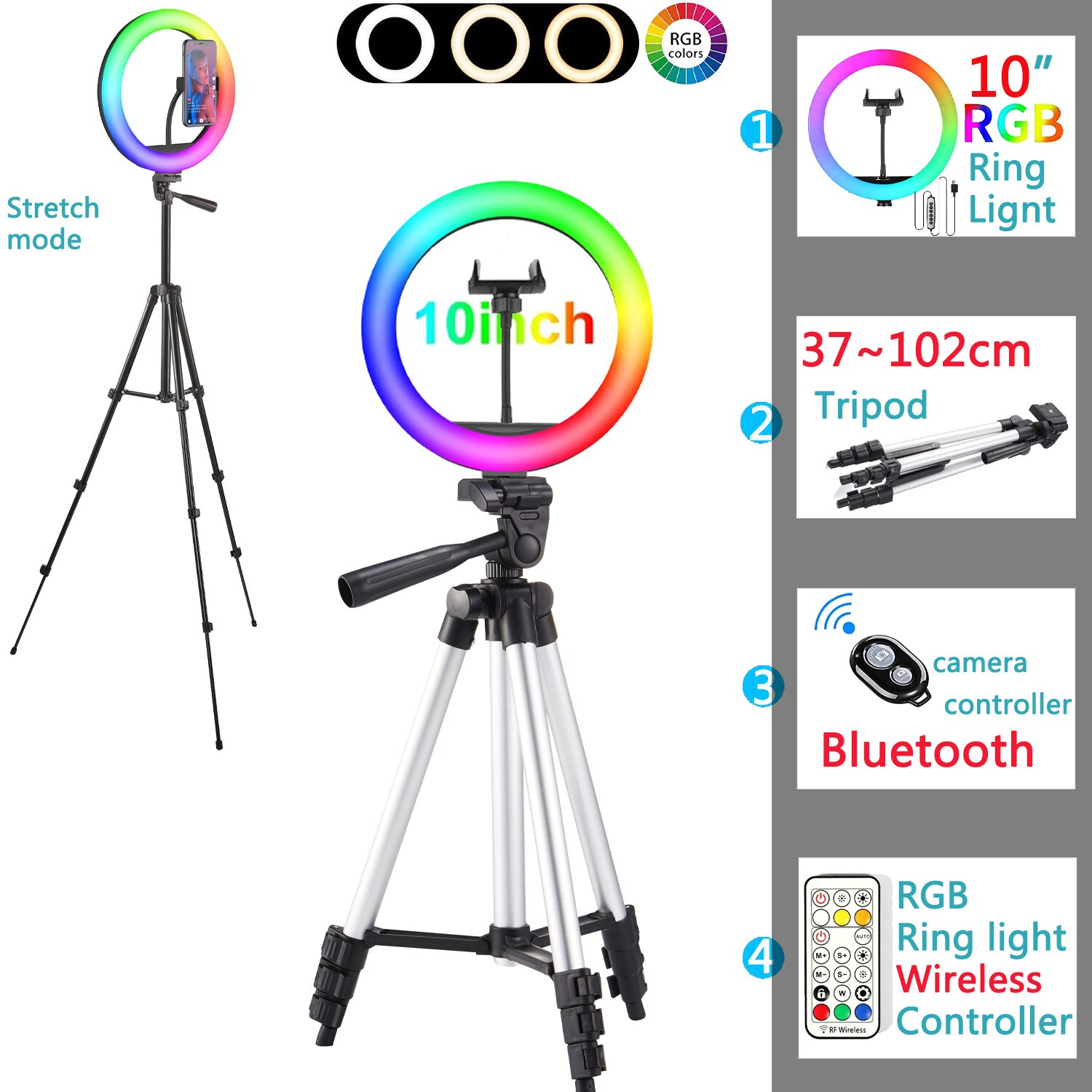 26Cm Rgb Selfie Ring Licht Cirkel Led Licht Invullen Dimbare Lamp Trepied Make Fotografie Ringlicht Telefoon Standhouder Statief: 10inRGB SV102cm