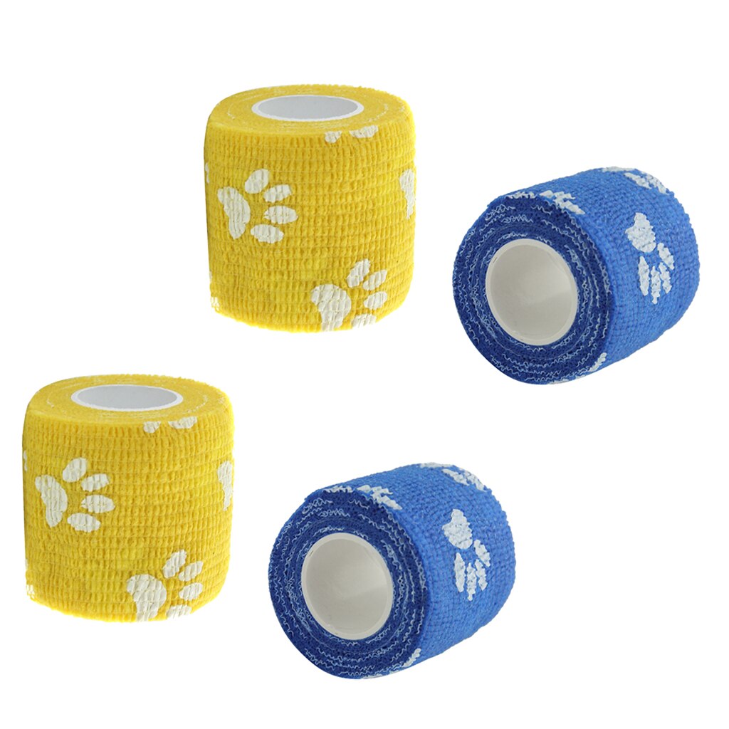 4 rollos de cinta cohesiva de gasa para gato, perro y mascota, estampado de garra, amarillo + azul