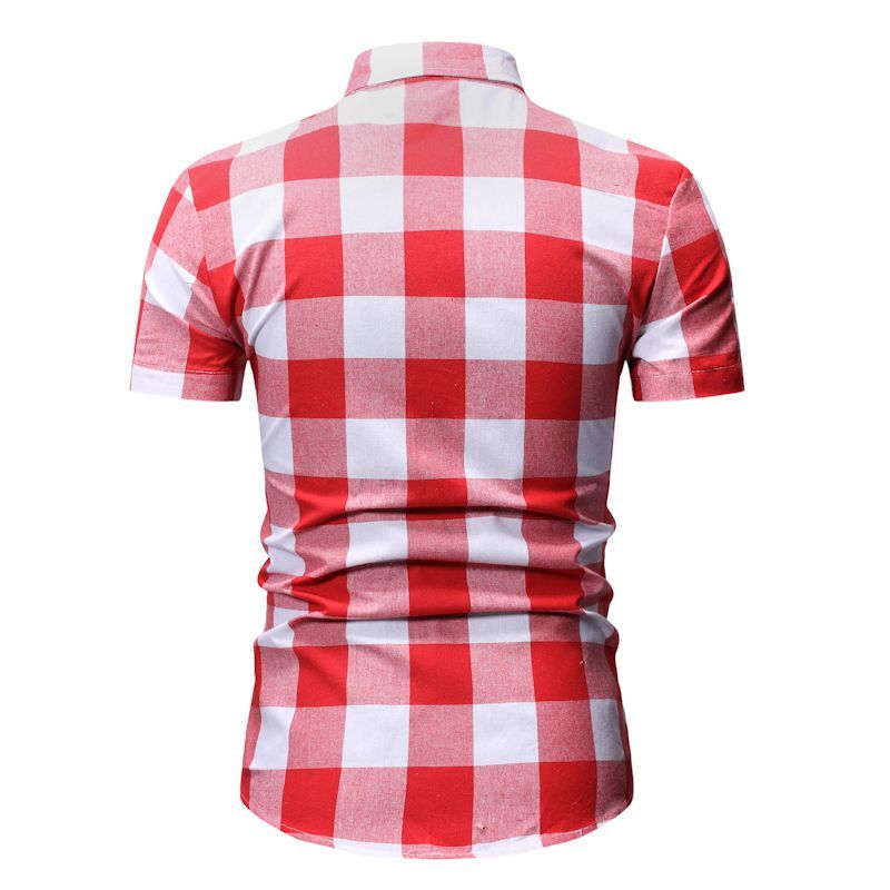 Mens Short Sleeve Checkered Button-Down Blouse White Plaid Red Shirt Mens Fashions Chemise Homme Dress Shirts Men Clothes YS55