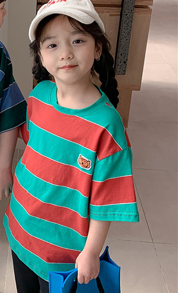 Kids summer striped cotton T shirts Boys and girls Tiger head embroidery Tees Children short sleeve Tops: red green / 7T