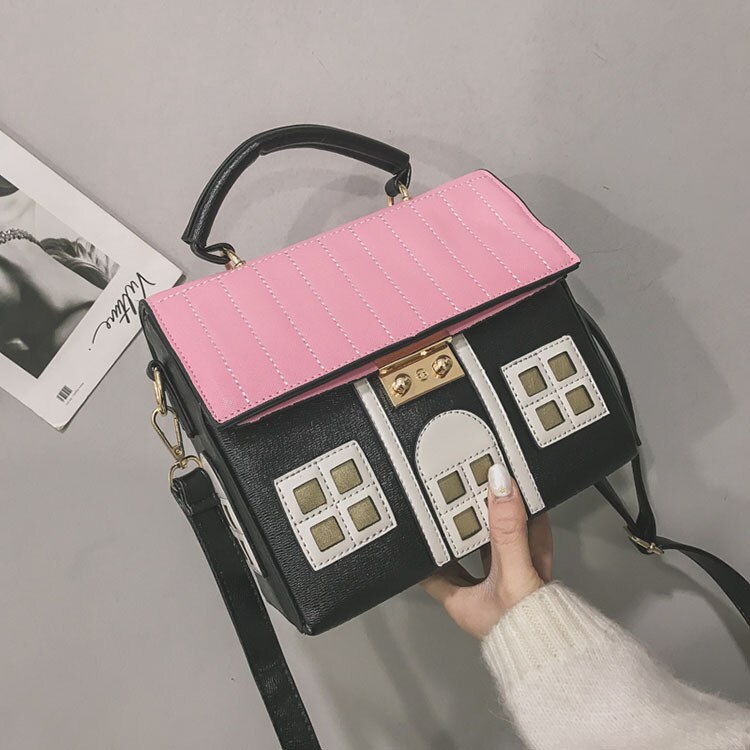Casa em forma de saco do mensageiro cor contraste grande capacidade de couro do plutônio criativo dos desenhos animados luxo um ombro bolsa para mulher: Black