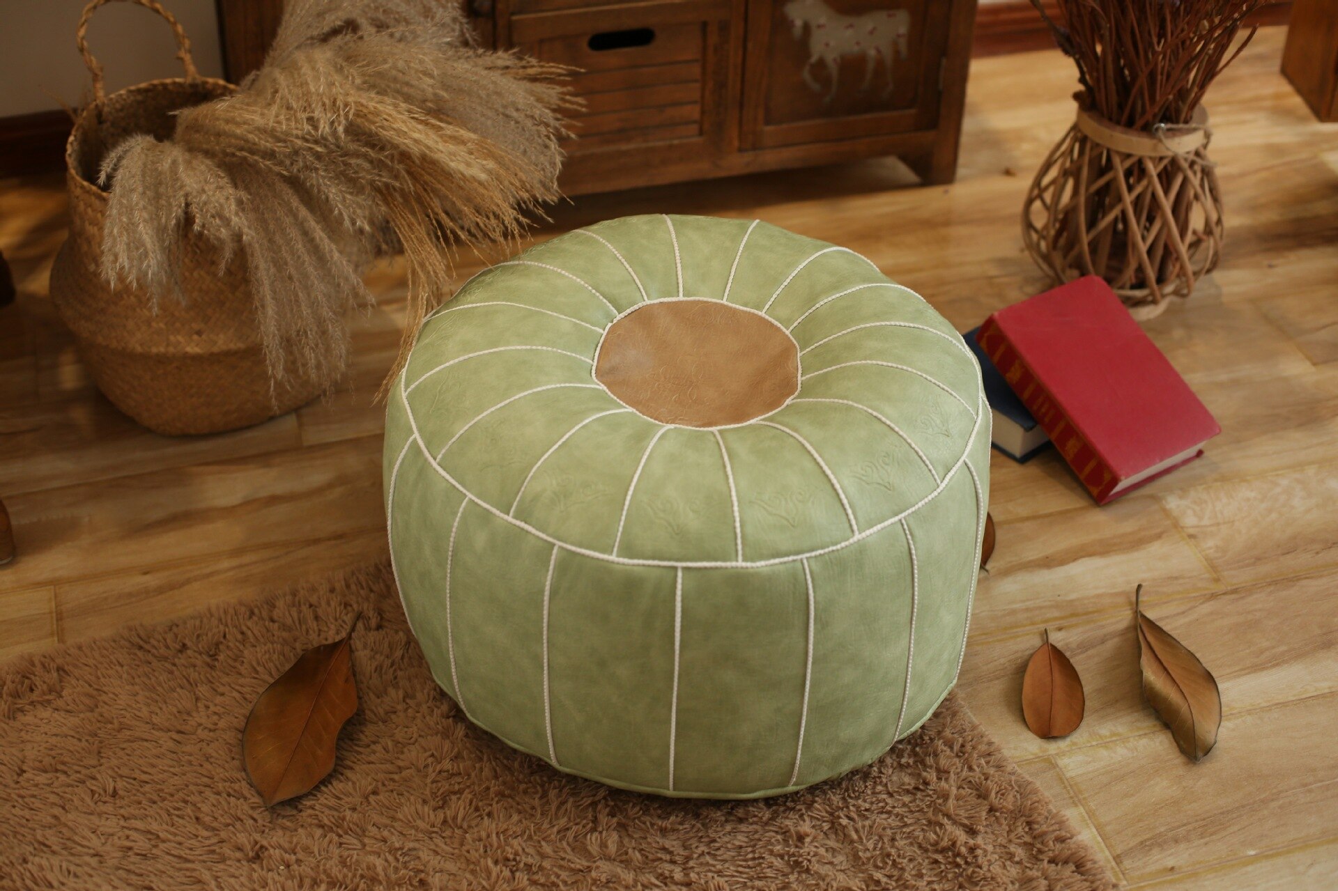 Moroccan PU Leather Pouf Embroider Craft Hassock Ottoman Footstool Round Large 50*50*30cm Artificial Leather Unstuffed Cushion: 2