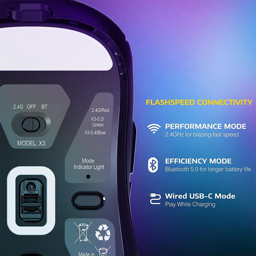 Lekka bezprzewodowa mysz do gier X3 z 3 trybami 2.4G USB-C Przewodowy czujnik optyczny Bluetooth 26K DPI PAW3395 do komputera PC/laptopa/Win/Mac