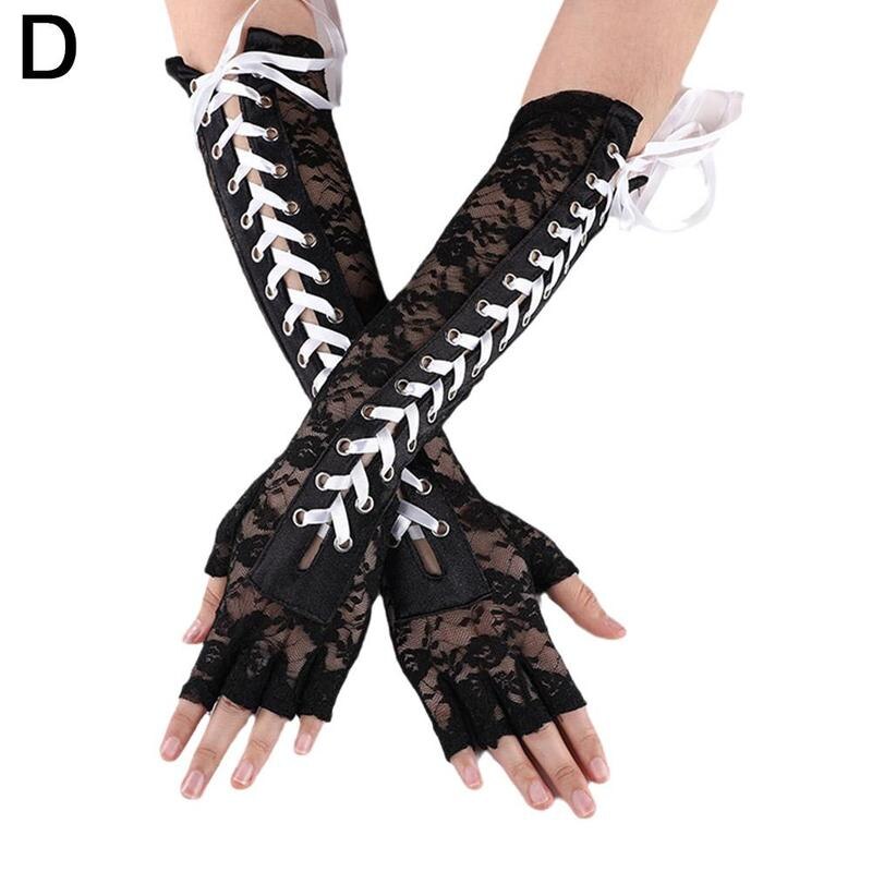 Retro Long Gloves Steampunk Gothic Cosplay Lace Corset Half-finger Gloves Ribbon Fishnet Mesh Wedding Prom Costume Accessory: white ribbon