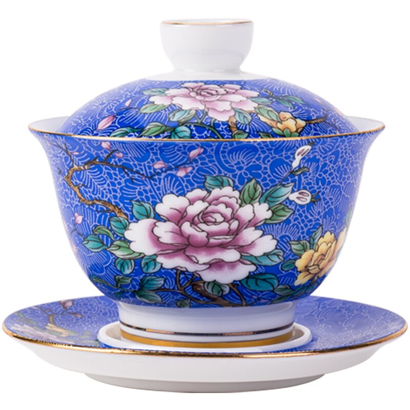 Cuenco de té de porcelana de cerámica con flores, 145ml, juego de platillo con tapa, esmalte, taza maestra Gaiwan china, vajilla de