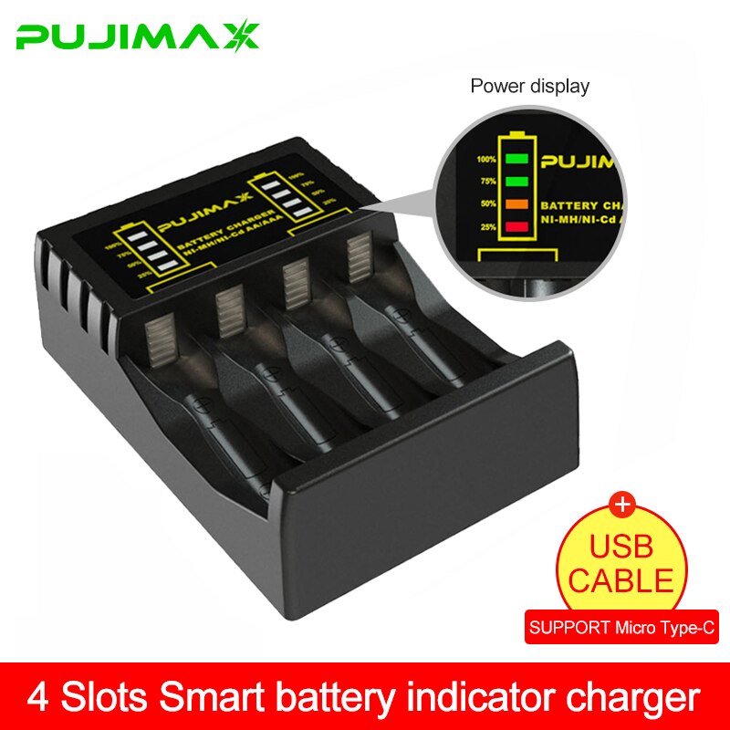 Carregador de bateria inteligente Ni-Mh PUJIMAX com 4 slots para bateria recarregável AA Ni-MH de 1,2 V com alimentação de saída USB e display LED
