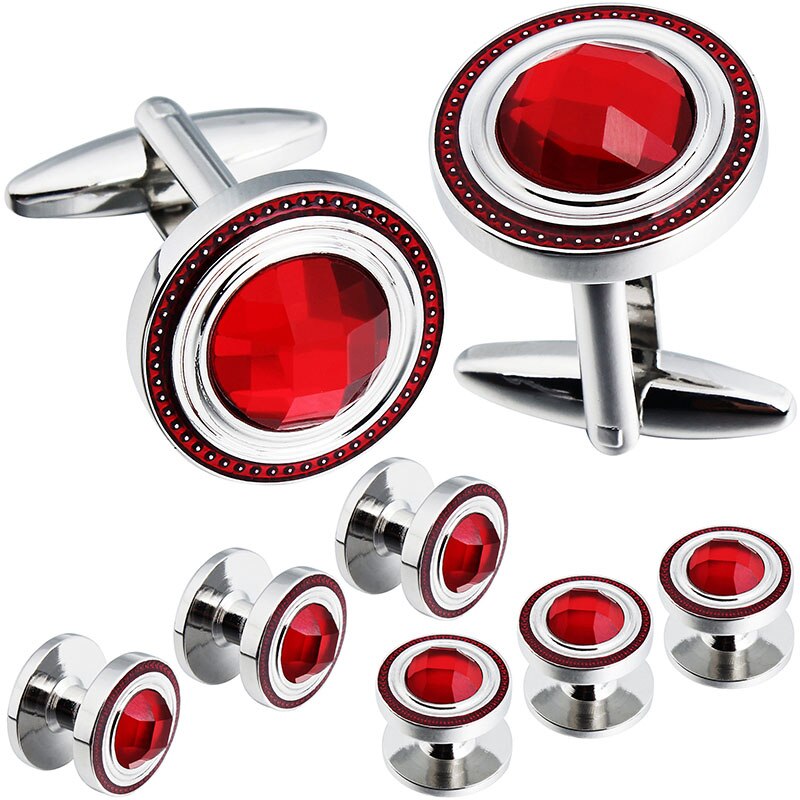 Hawson cristal abotoaduras e parafusos conjuntos para camisas de smoking masculino com caixa de presente-um par abotoaduras com 6 pces studs: Red