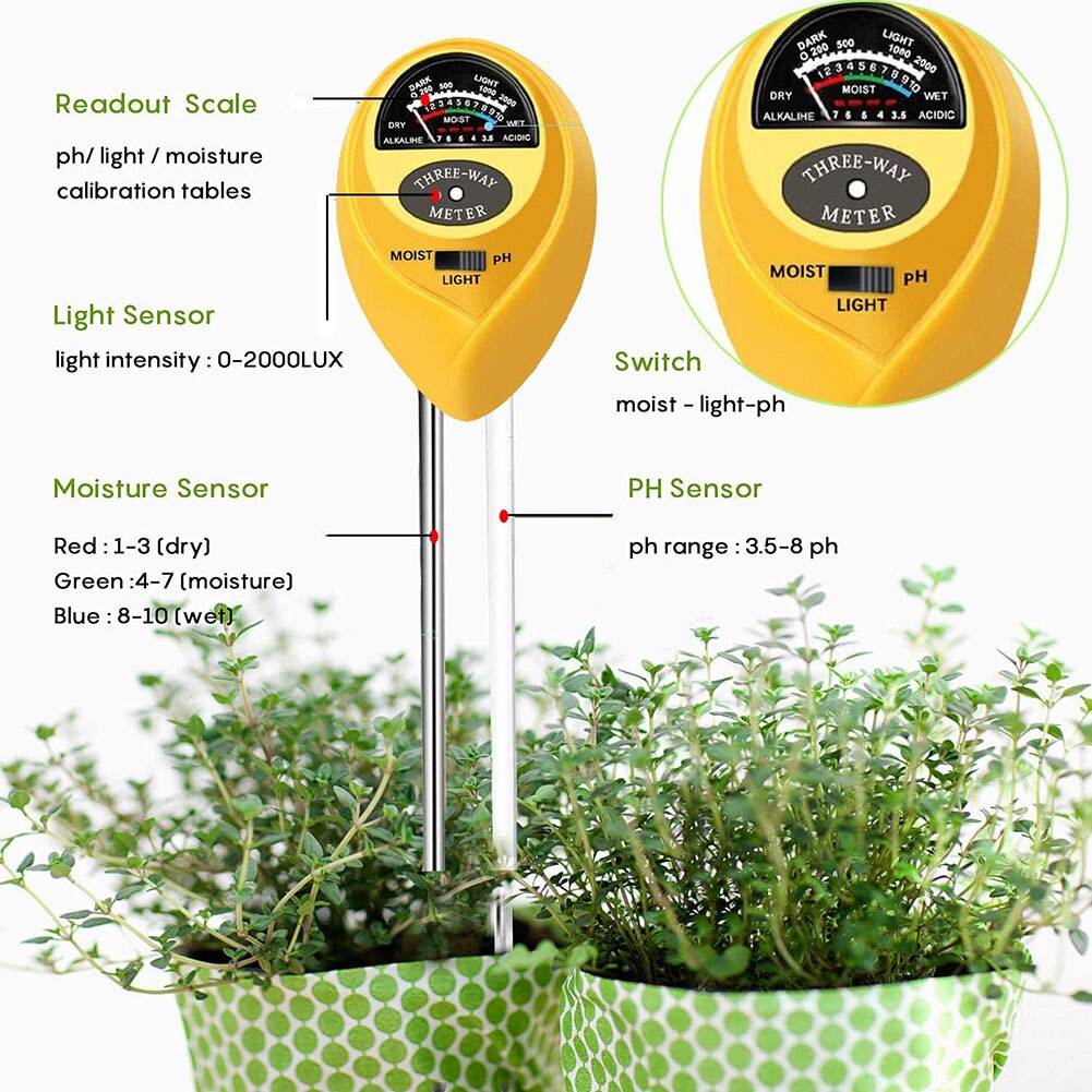 Soil PH Meter 3 in 1 Soil Test Kits with Moisture Light PH Tester Portable for Plant Garden J8
