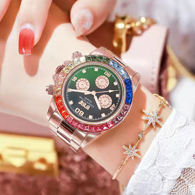 Rainbow Circle Three-eye Steel Band Watch, Square Diamond Color Diamond Personality Watch For Men And Women