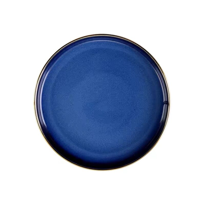 Service de vaisselle en céramique bleue, vaisselle de luxe, bordure dorée, porcelaine, assiettes, salade, nouilles, bol pour Restaurant