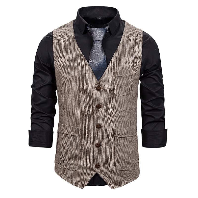 Kjole veste til mænd afslappet sildeben dobbelt lommer chaleco hombre herre bryllup forlovere business vest: Khaki / L