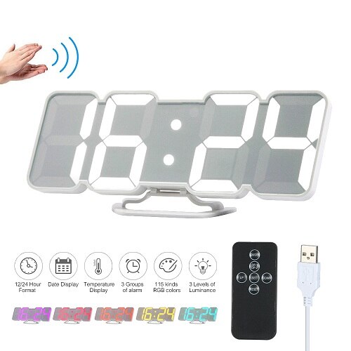 3D Wireless Remote Digital Alarm Clock USB Powered Temperature/Date Display RGB LED 3-Level Brightness Sound Control Wall Clock: white
