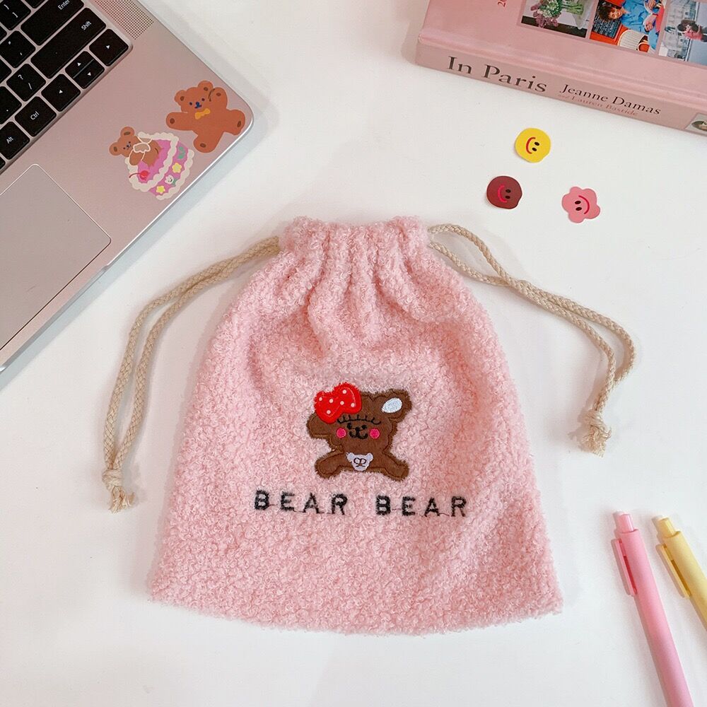 Flannel Soft Korea Ins Bear Dog Makeup Toilet String Bag Cute Home Storage Drawstring Bag Girls Travel Cosmetic Case Wash Pouch: pink