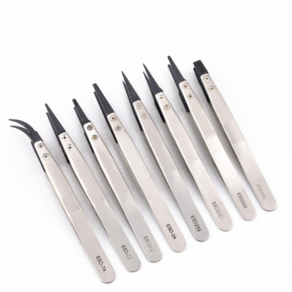 1pcs ESD Anti-Static Tweezers With Replaceable Tips Full Stainless Steel Body Carbon Fiber Conductive Plastic