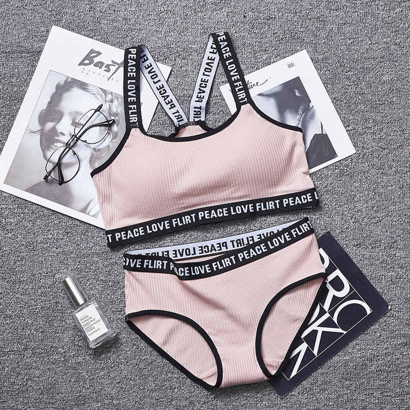 Women Lingerie Set Cotton Screw Thread Push Up Bra Set Letter Print Women Bra Panties Set Comfort Underwear