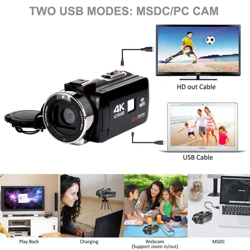 4K Video Camera Ultra HD 30MP WiFi DV Camcorder Digital Video Camera 270 Degree Rotation Touch Screen 16X Digital Zoom Camera