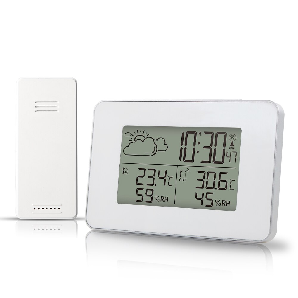 FanJu – réveil numérique FJ3364, Station météo, capteur sans fil, hygromètre, thermomètre, montre LCD, horloge de Table de bureau: WHITE