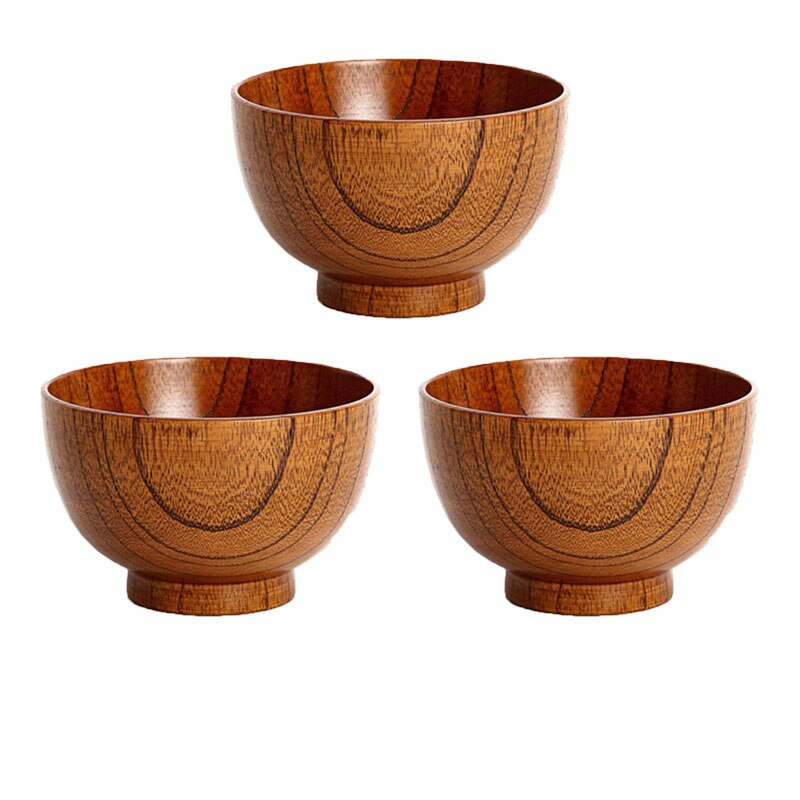 Bol en bois japonais rayure en bois massif protection de l'environnement peinture créative ménage vaisselle bol à soupe 11.5CM: 3 pcs