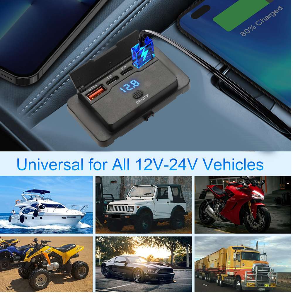 4-Ports PD QC3.0 Car Charging Splitter Outlet Car Charger Socket Adapter with Switch 12/24V for Car Bus RV ATV Truck Boat