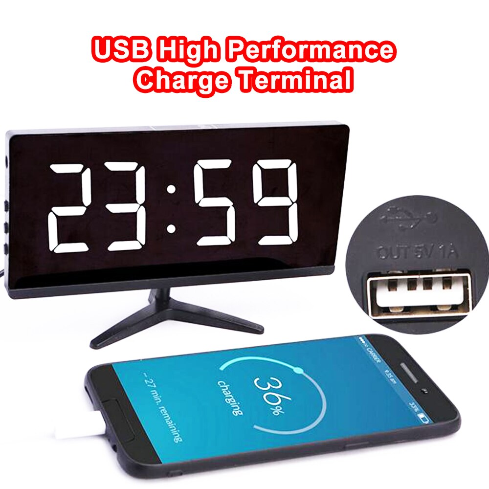 Digital LED Mirror Alarm Clock Dimmable LED Light Sensor Time Bedside Clock 3