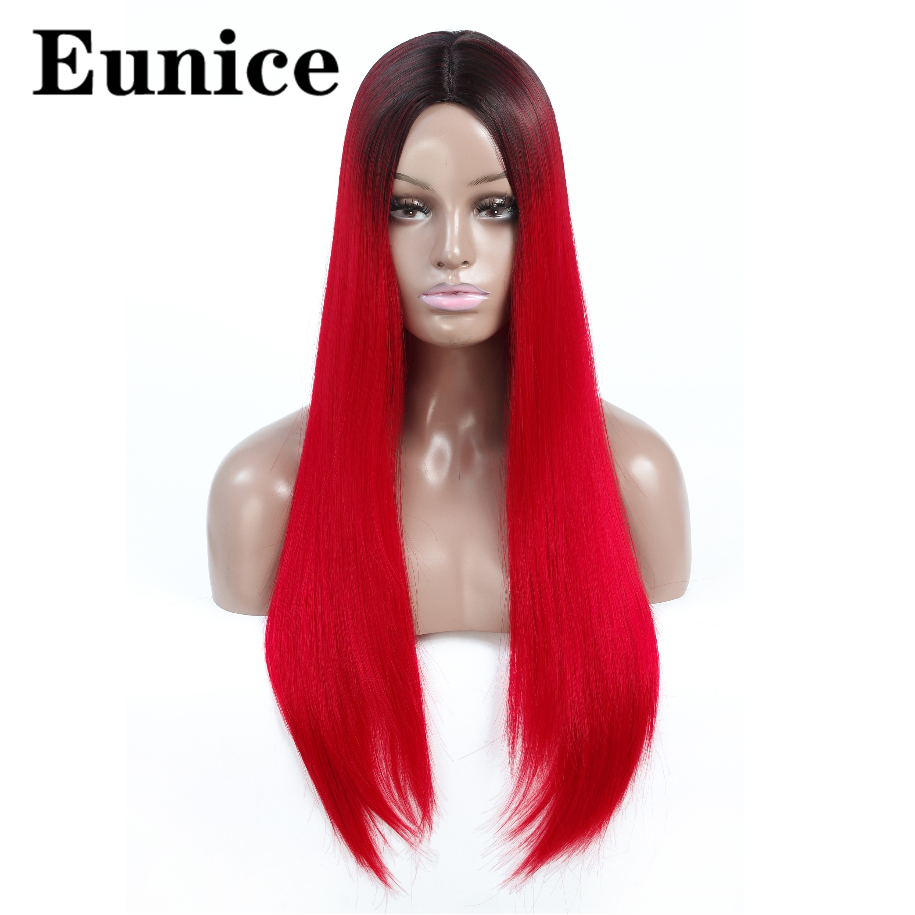 Ombre syntetisk peruk långa raka svarta peruker för kvinnor naturligt svart rött hår peruk mittdel regnbåge cosplay peruker eunice hår