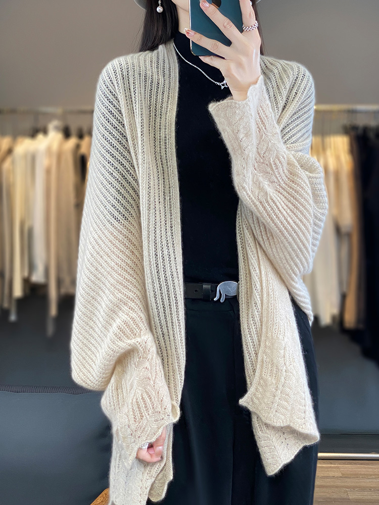 Camisola feminina cardigan xales de caxemira primavera outono 100% lã merino malhas rendas manga longa solta roupas femininas topos novo