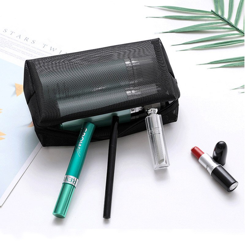 1Pcs Black Translucent Wash Bags Portable Breathable Trapezoid With Zipper Nylon Travel Mesh Large Capacity Cosmetic Bag
