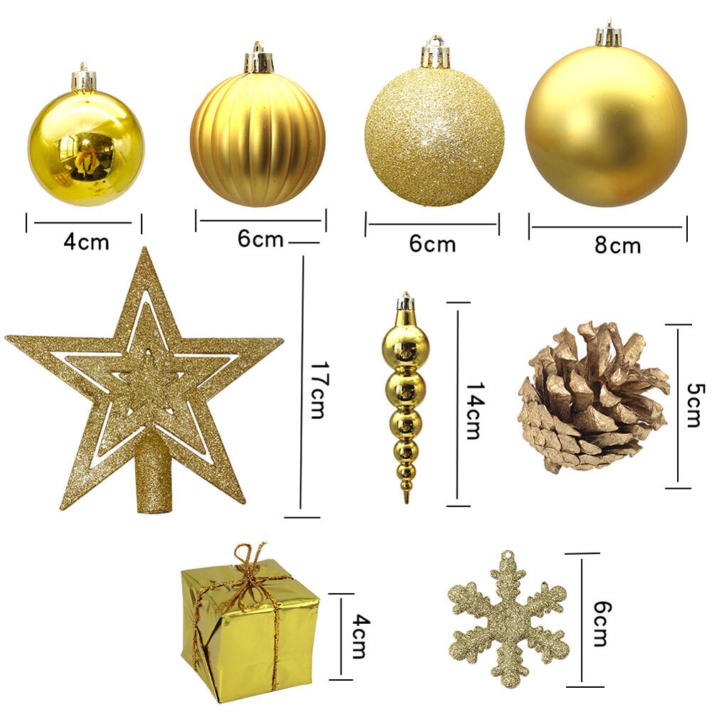 57 stuks kerstboomversieringen, diverse gouden sterballen, sneeuwvlokken, ornamenten voor festivals en feesten