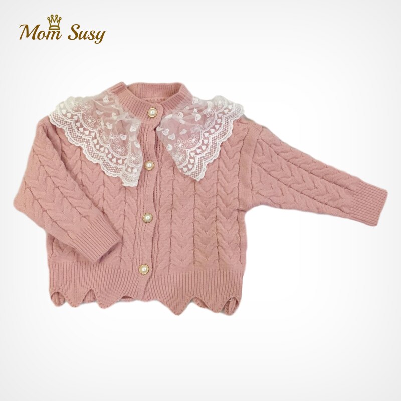 Del bambino del Maglione Delle Ragazze del Cardigan Del Merletto Del Tasto Della Perla Del Collare Toddle Maglione Della Ragazza Cappotto Caldo Molle Bambini Outwear Vestiti di Autunno della Molla 2-12Y