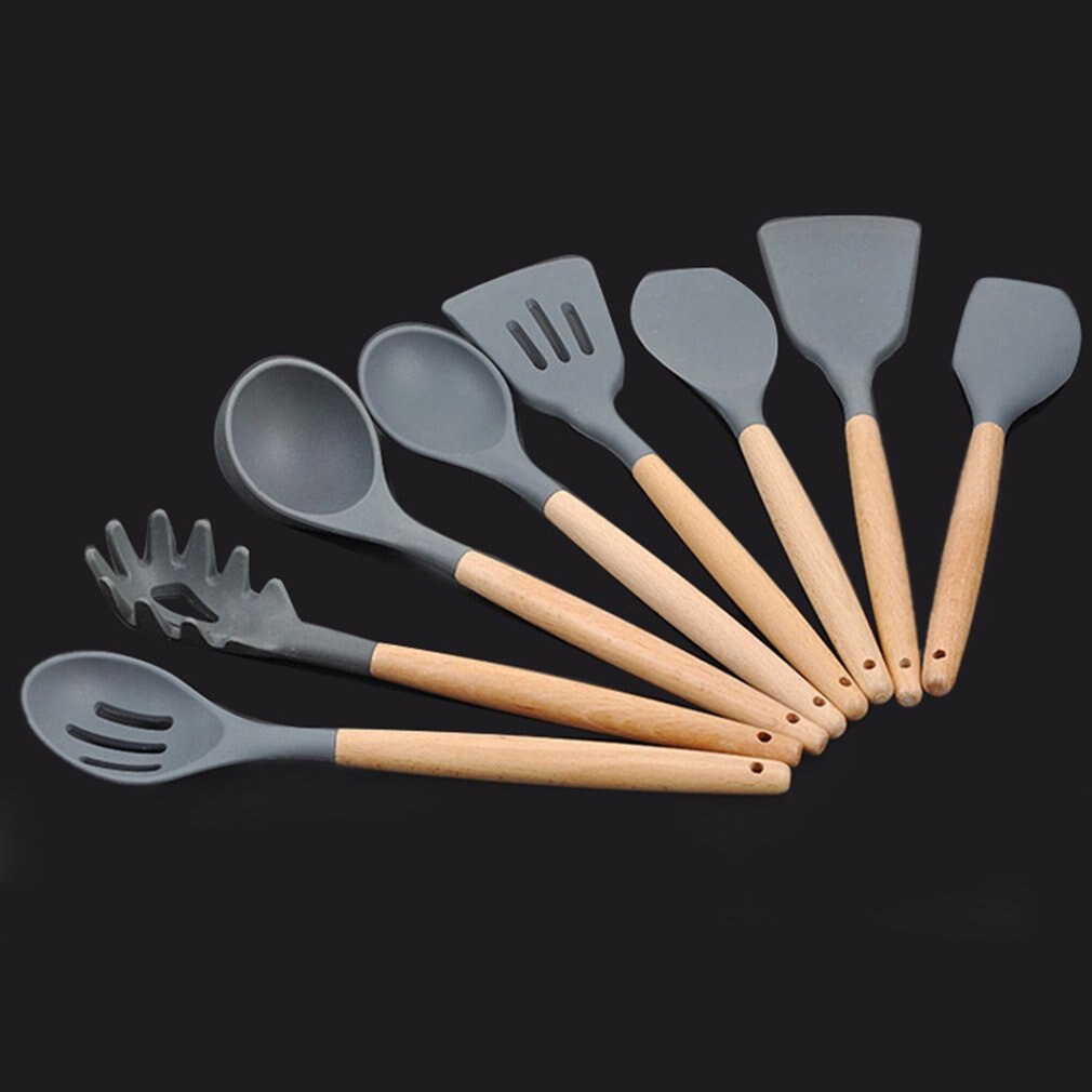 Silicone Wooden Handle Kitchen Set 8 Piece Non-stick Spatula Tool Set Cooking Utensils Kitchen Utensil Set