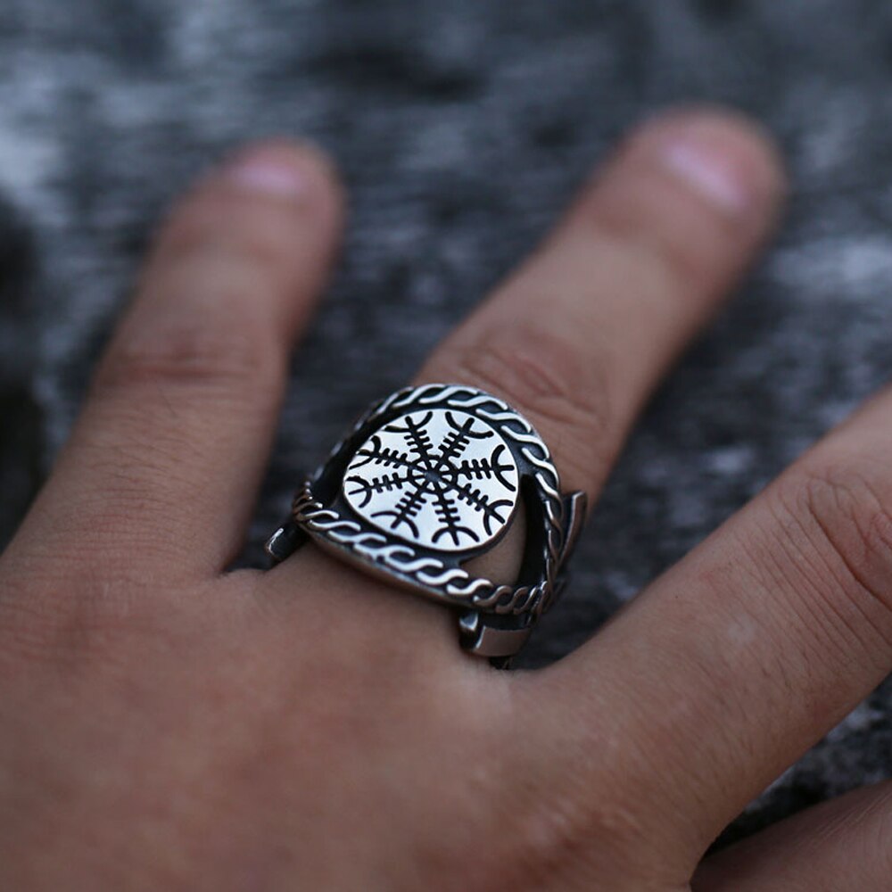 Bague boussole Viking pour hommes, en acier inoxydable, tampon nordique rétro, anneau d&#39;ouverture à la , motard, bijoux ,