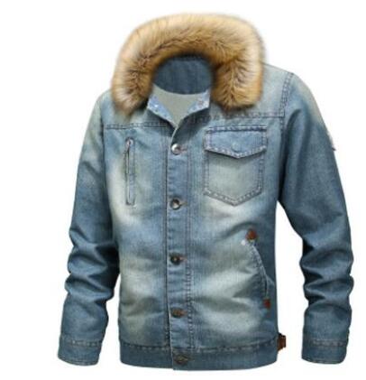 Bjergskind herre tyk denimjakke vinter efterår mandlig pels krave fløjl frakke mandlig vindtæt denim frakke s ~ 6xl: Default Title
