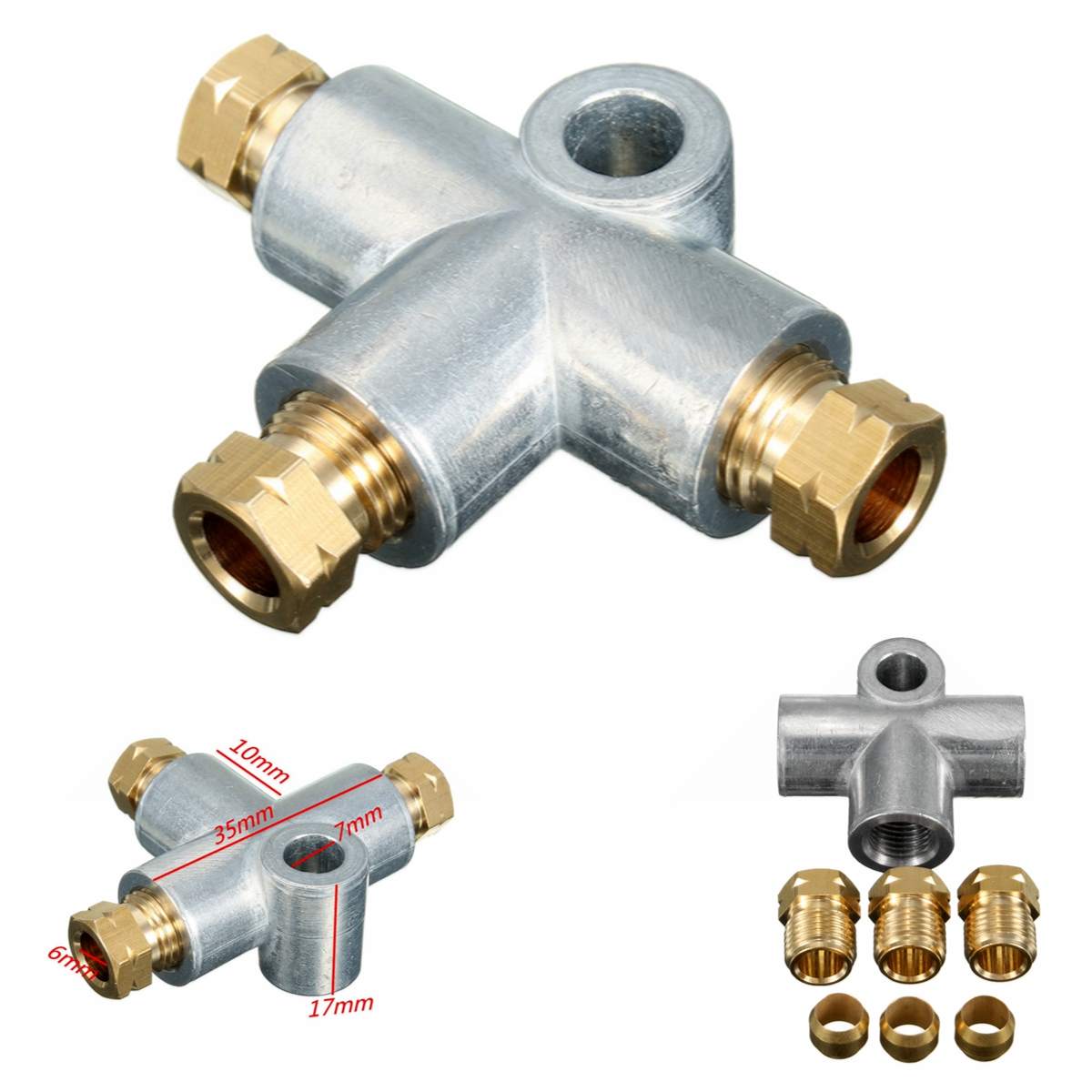 3- vägs t-delat t-bromsrör med 3 m10 hanmuttrar korta metriska koppar 3/16 10mm tums fördelare reservdelar silver