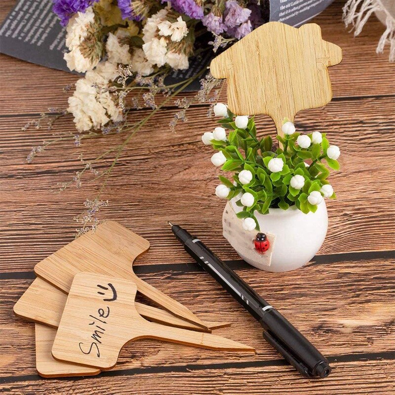 Bamboo Plant Label 50 Houses and T-Shaped Garden Labels for Seed Potted Herbs, Flowers and Vegetable (6 x 10 cm)