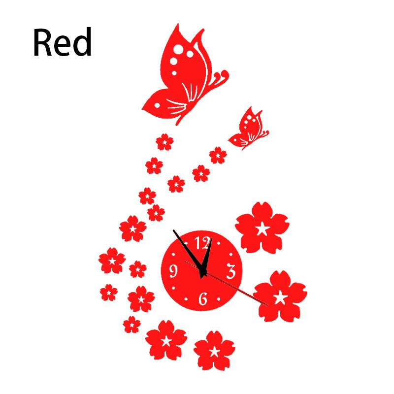 3d diy stereo vlinderspiegel acryl wandklok, muursticker klok, woondecoratie, woonkamer acryl spiegel wandklok: Rood