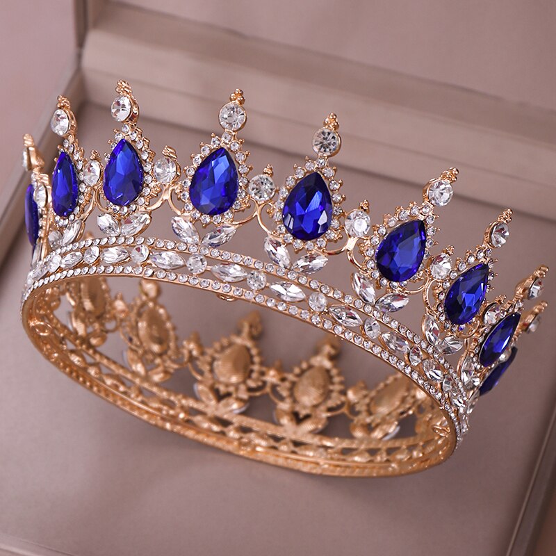 Cristal azul coroa tiara nupcial acessórios de cabelo strass cristal redondo coroa bandana para mulher rainha diadem rei coroa presente