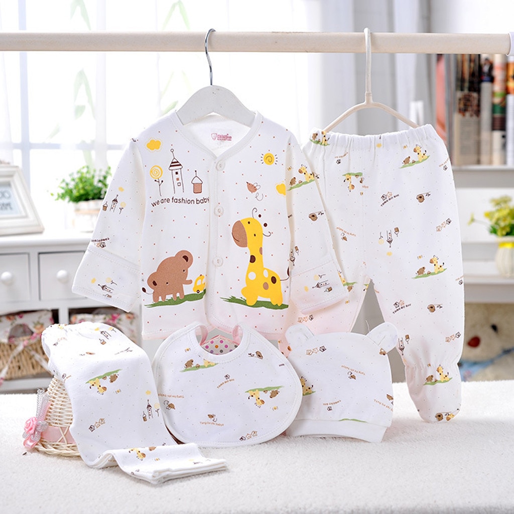 Ensemble de vêtements pour -né garçon et fille, 5 pièces, imprimé hérisson de dessin animé, haut à manches longues, pantalon, chapeau, bavoir, tenue pour enfants, pour -né: K(5PCS)