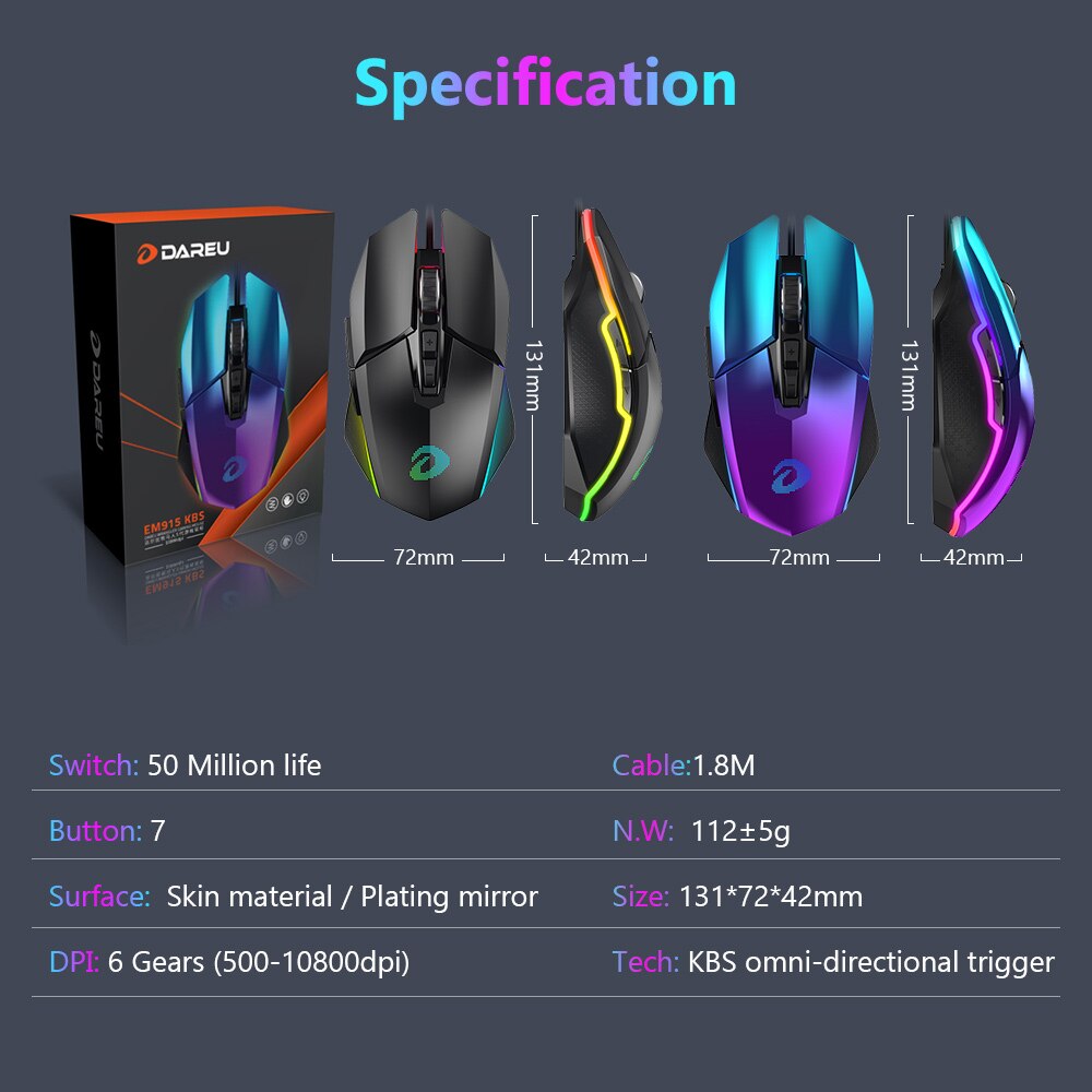 DAREU EM915 RGB Gaming Mouse PMW3336 10800 DPI 50 Million life 7 Button Mice with KBS buttons omni-directional trigger For Gamer