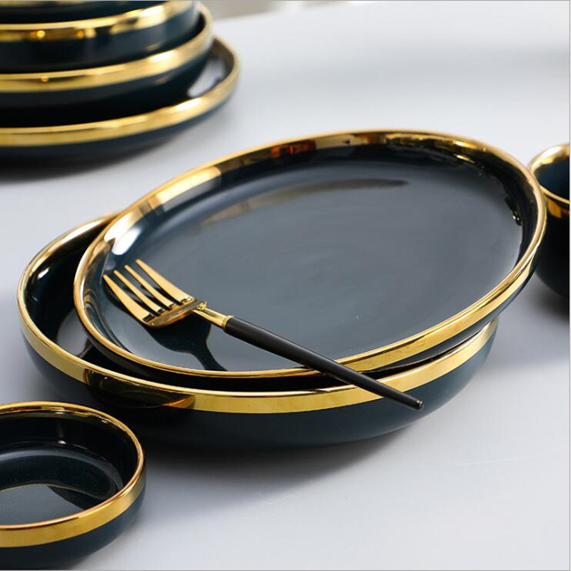 Gilt Rim Dark green Plate Steak Food Nordic Style Tableware Bowl Ins Dinner Dish High End Porcelain Dinnerware Set