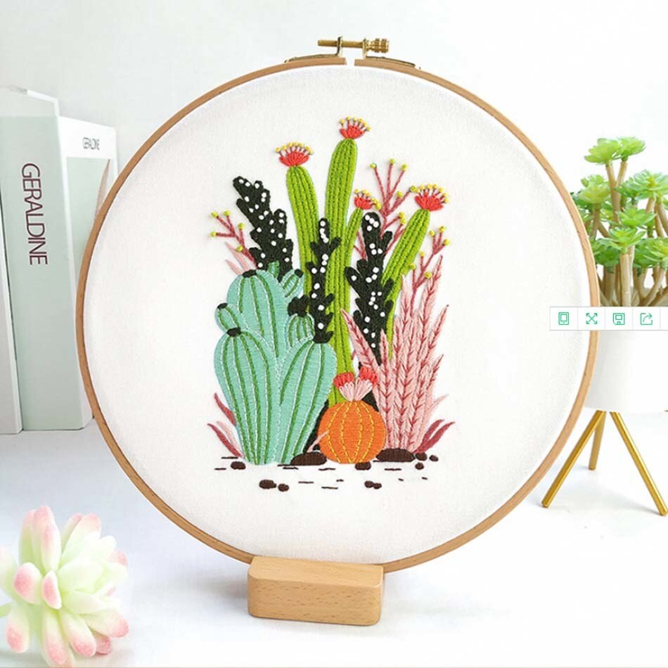 Cotton Cross Stitch Embroidery Kit DIY Cactus Heart Love Flowers Embroidery Kit Handcraft Painting Embroidery Hoop Home Decor