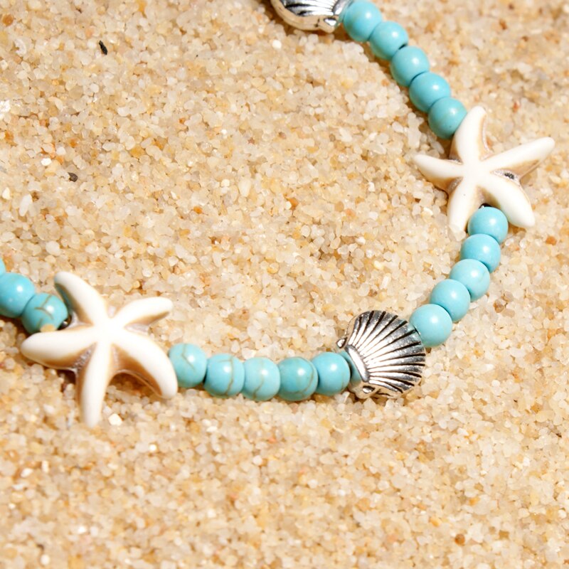 Lune fille 2 pièces coquille perles étoile de mer bracelets de cheville pour les femmes Double couche cheville jambe Bracelet à la main bohème fille bijoux directe
