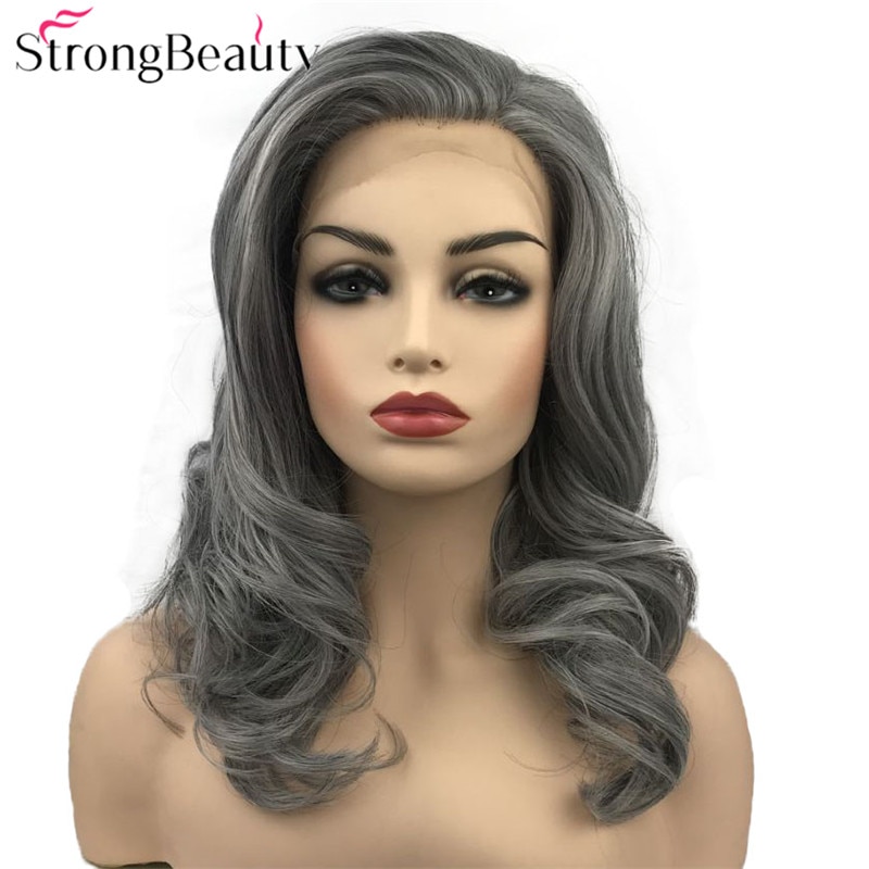 Strongbeauty Synthetische Lace Front Pruik Lange Golvende Pruiken Grijs/Blond/Zwart Haar