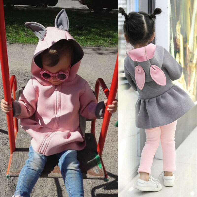Leuke Peuter Baby Meisje Kapmantel Jas Rits Konijn Oor Herfst Winter Uitloper Kleding