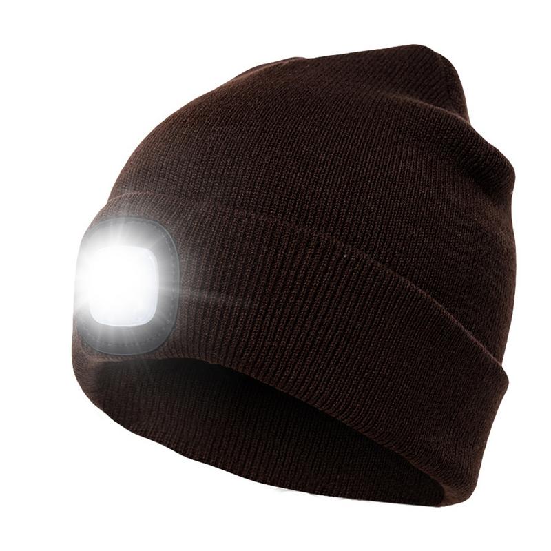 Unisex beanie led tændt kasket udendørs fiskeri løb strikket beanie hat led flash camping klatring cap vinter varm strikket hat: Brun