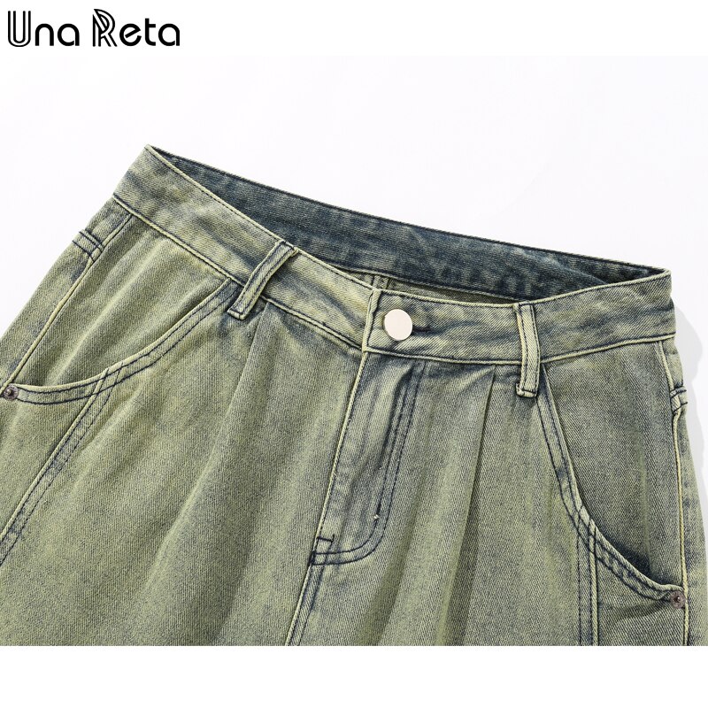 Una Reta Groen Heren Broek Hip Hop Straight Gewassen Denim Broek Losse Streetwear Solid Jeans Voor Mannen