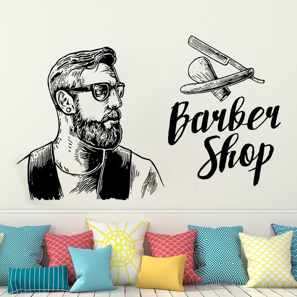 Frisørsalong mann salong hårklipp vegg vindu dekal klistremerke skjegg ansikt verktøy logo salong vinyl dekal hipster barbershop innredning  hy836