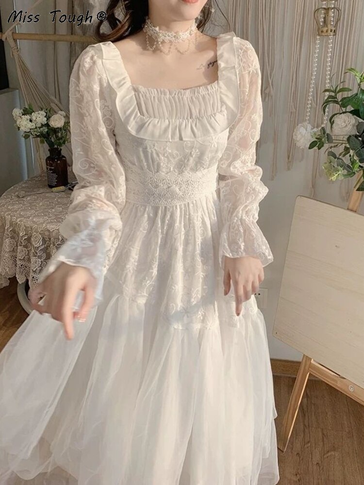 Vintage Evening Party Long Dress Women Lace France Retro Princess Fairy Dress White Korea Sweet Dress Female Summer 2022