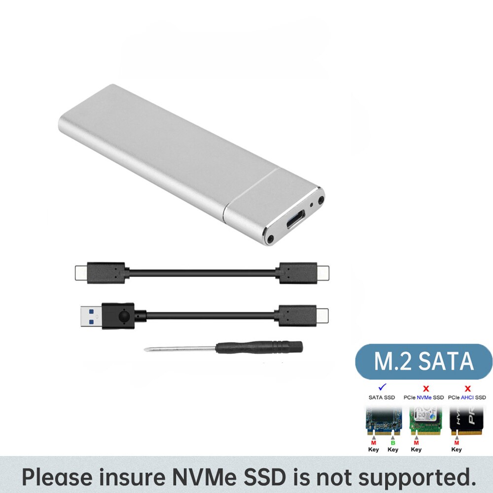 Boîtier SSD USB 3.1 vers M.2 NGFF, adaptateur UASP SuperSpeed pour 2242 2260 2280 M2: 2 cables Silver