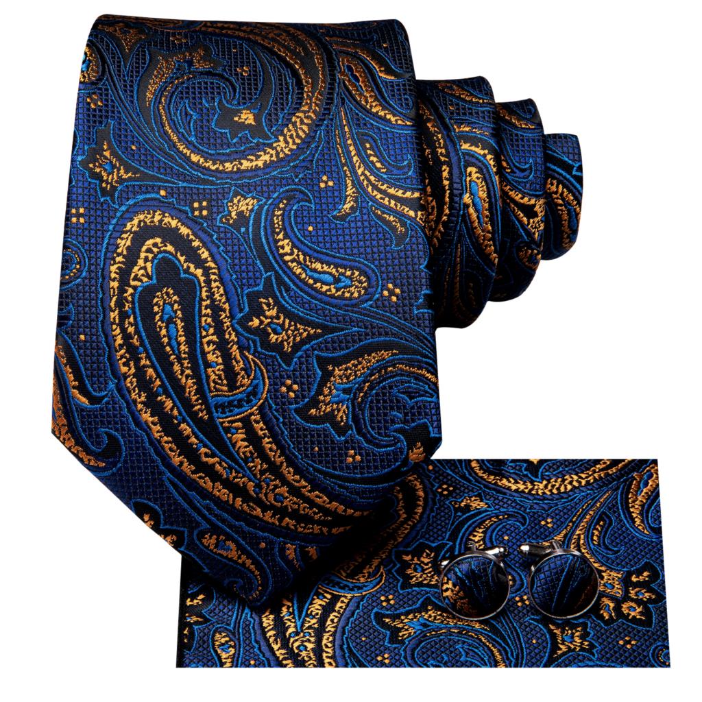Business Navy Blue Gold Paisley Silk Wedding Tie For Men Handky Cufflink Mens Necktie Party Hi-Tie