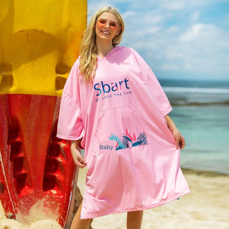 Sbart Vrouwen Hooded Snel Droog Strand Handdoek Robe Lange Mouwen Zwemmen Duiken Handdoeken Eo: Roze